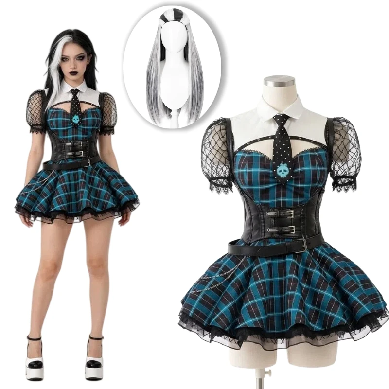 Anime Frankie Stein Cosplay Kostüm Schuluniform JK Karierter Rock mit Taillengürtel Rollenspiel-Outfit Halloween-Party