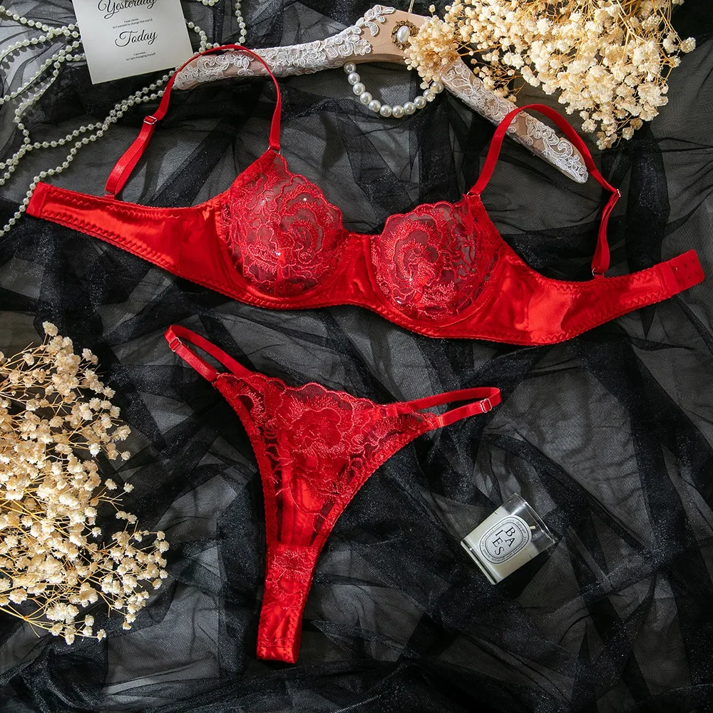 Embroidery Lingerie Set Women 2-Piece Bra + Panty Underwear Set Red Valentine's Day Intimates