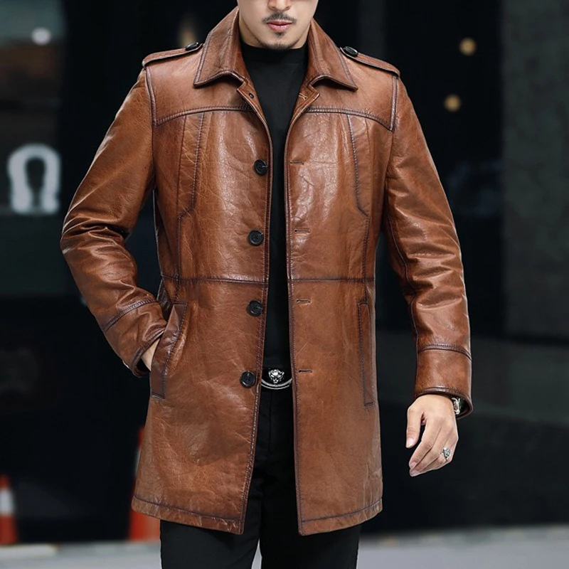 Oil Wax Leather Windbreaker For Men Top Layer of Sheepskin long Jacket Male Casual Pocket Retro Brown Coat For Winter Casaco