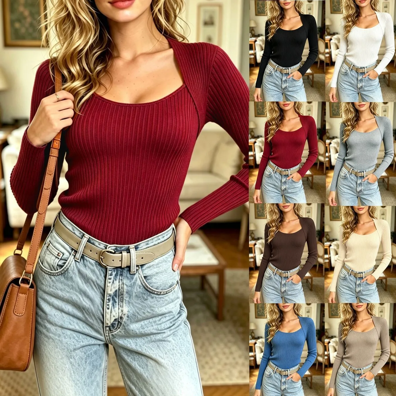 Square Neck Pullover Sweater Slim Silhouette Urban with Autumn Yarn Dyed Single Standard Length Long Sleeve Women Sweater
