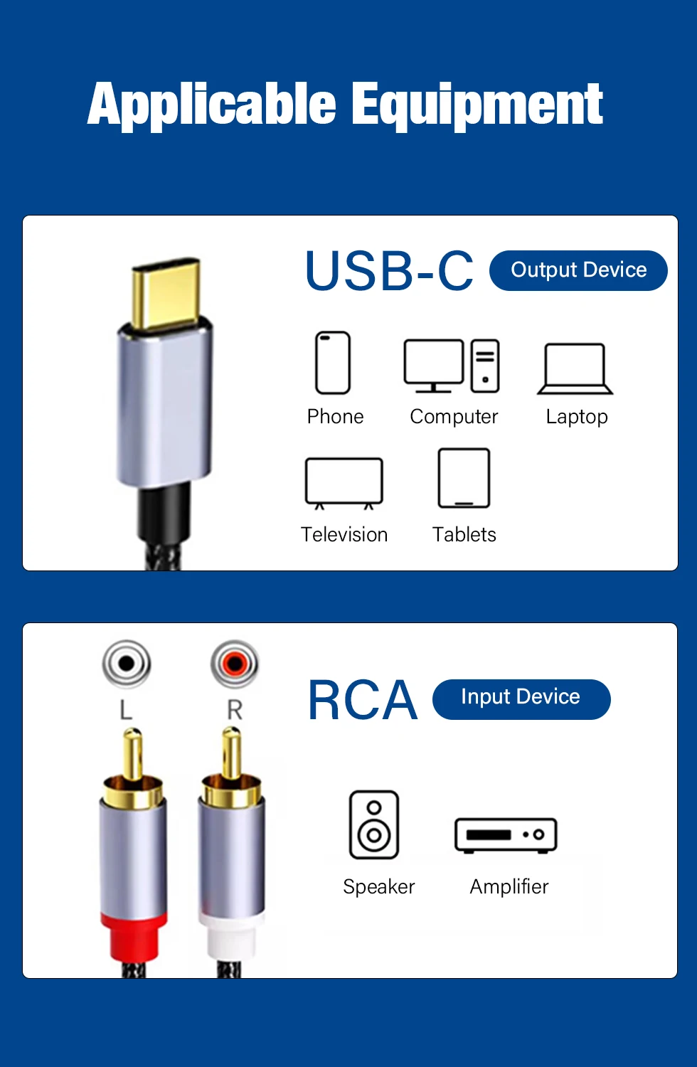 2m 3m 5m Langes USB Typ-C zu 2RCA Audio-Kabel Y-Splitter-Kabel für TV Lautsprecher Verstärker Xiaomi Laptop USB-C zu 2RCA Stecker Konverter – Detail 2
