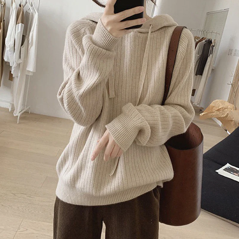 Suéteres con capucha de punto de Color liso para mujer, suéter cálido de manga larga para otoño e invierno, jersey grueso holgado que combina con todo para mujer