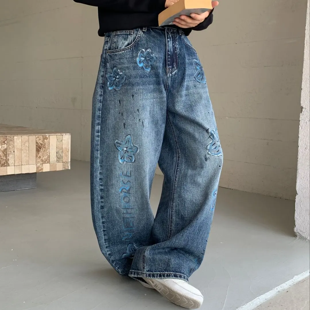 Flower Print Wide-leg Scimitar Jeans Men Streetwear Hip Hip Loose Casual Oversize Straight Denim Baggy Jeans Pant Trousers