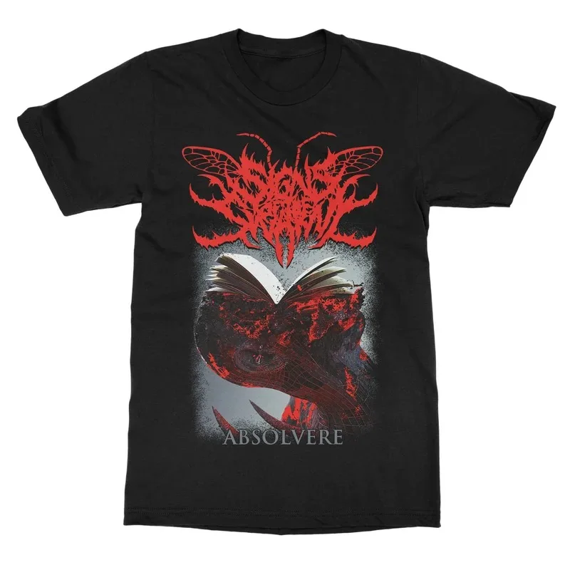 Signs of The Swarm Absolvere Album Graphic Print T‑Shirt, Features Red Sharp‑styled Band Logo with Insect Wings Broken