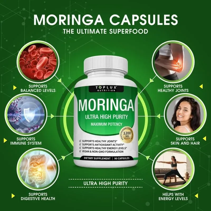 Moringa Capsules - Antioxidant Properties, Promote Skin and Joint Health, Immune Support, and Boost Energy Levels