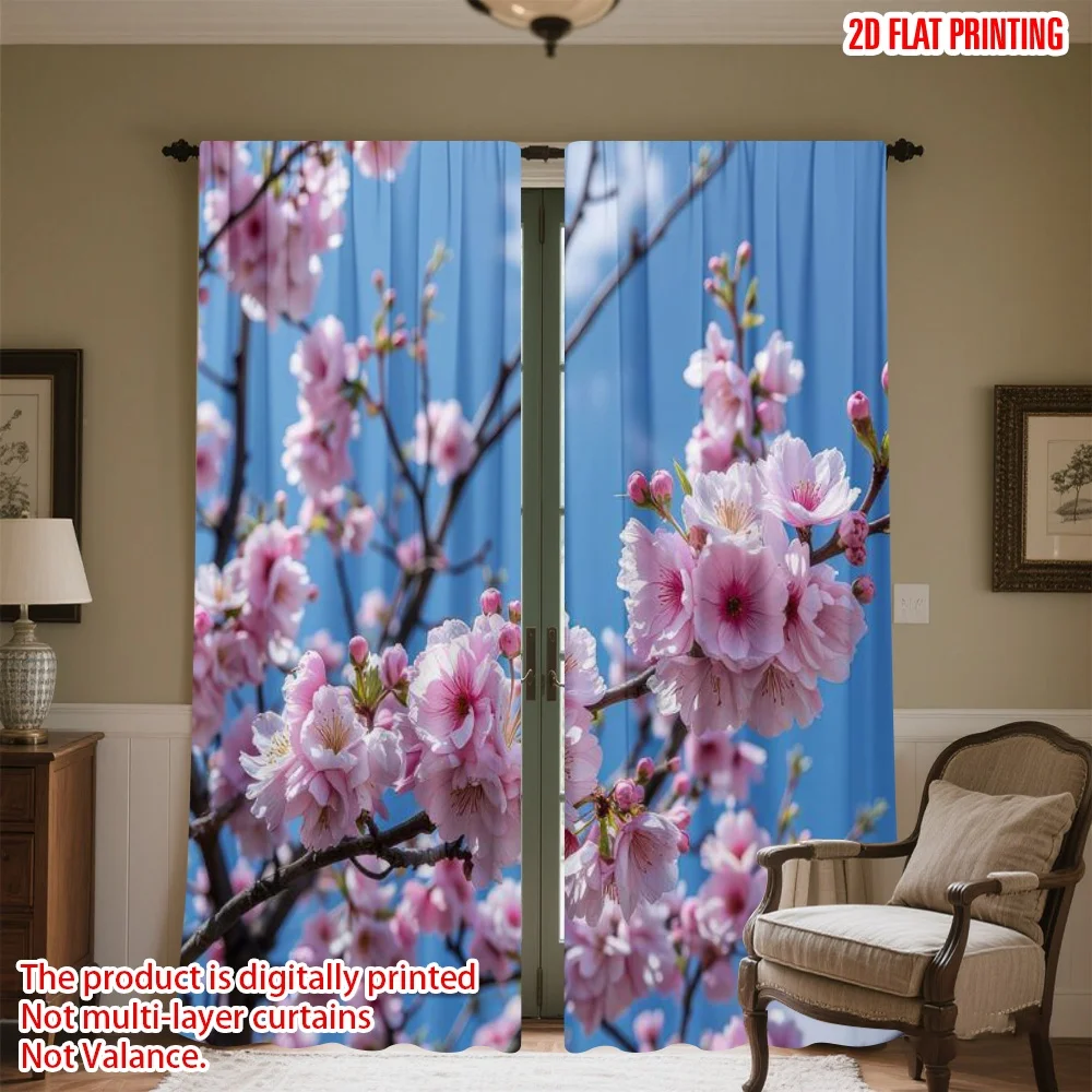 

2D flat printing 2pcs Curtain Cherry Blossom in Spring Digital Printed Polyester Drapes Seasonal Party & Holiday Decor Perfect