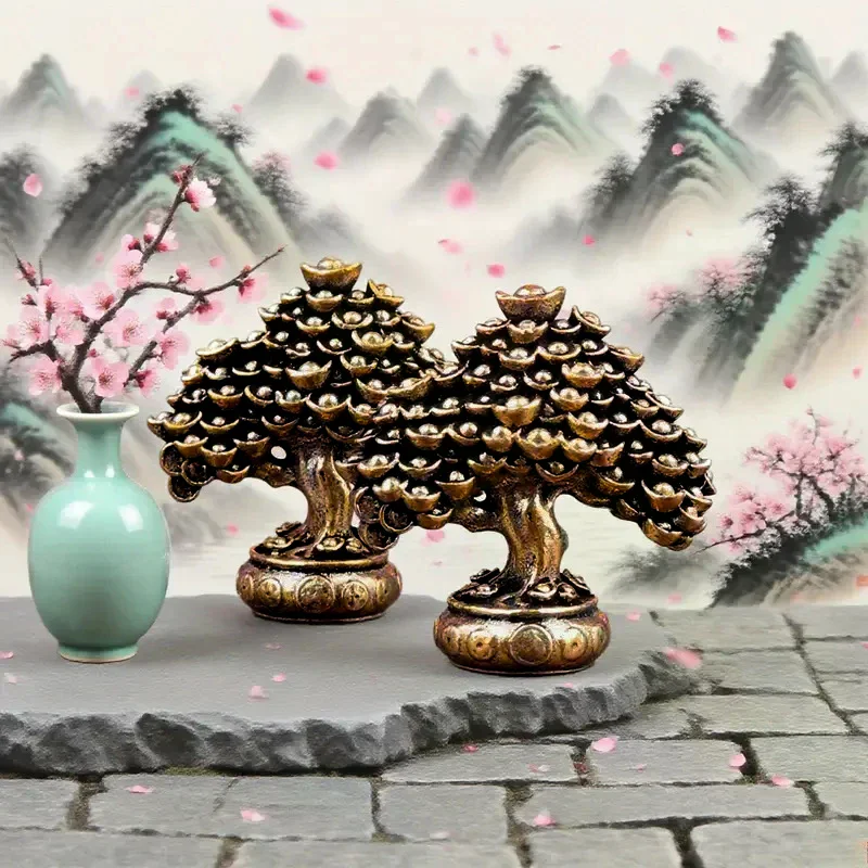Brass Chinese Wealth Tree Feng Shui Figurines Money Tree Statue Fortune Housewarming Gift Home Office Decor Desktop Ornament