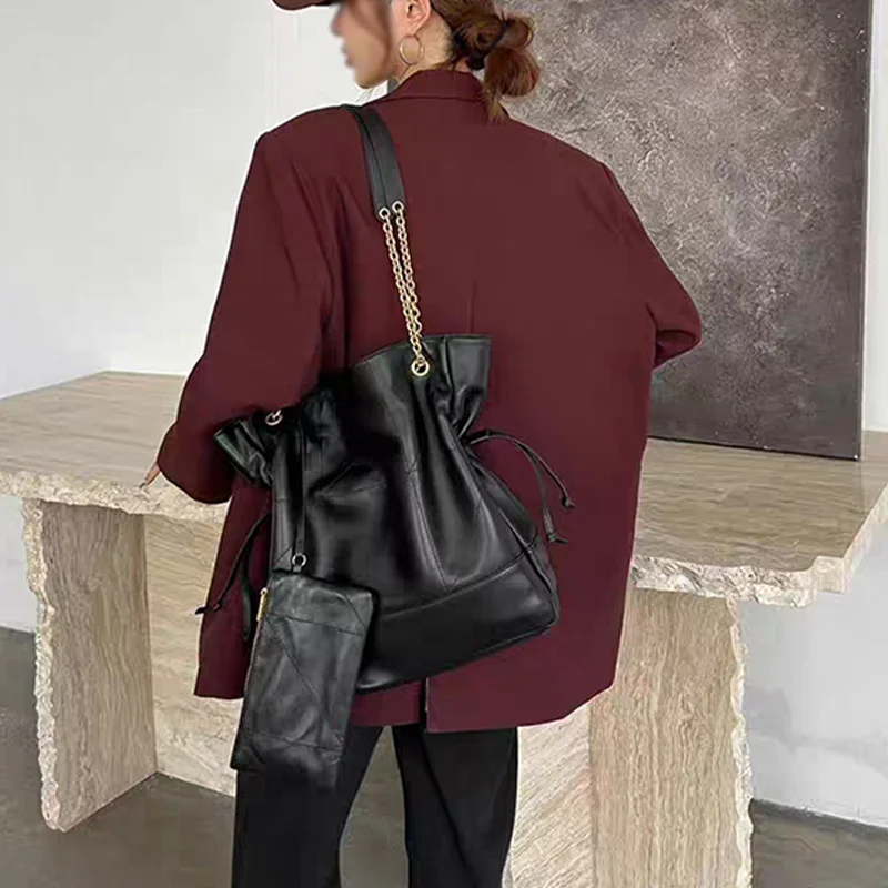 

Large Capacity Luxury Leather Handbag Sheepskin Diamond Pattern Underarm Bucket Tote Bag Women Lucky Charm Bags High-End Handbag