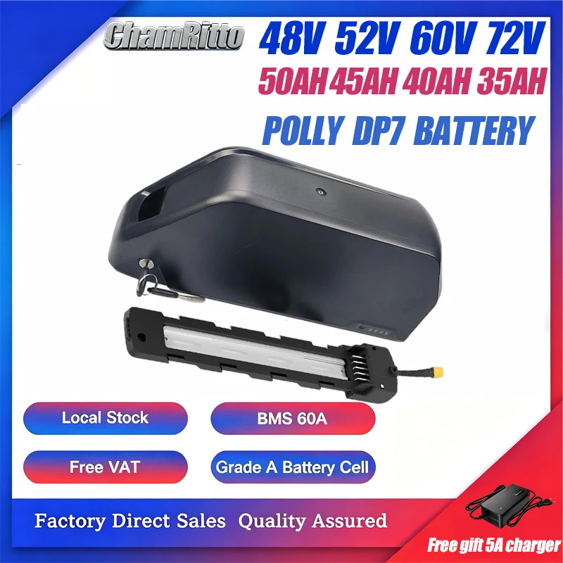 48V 60V 72V rider 50AH E bike Polly Battery Downtube 52V 30AH 40ah 45AH 50AH Electric Battery 60A BMS Rider 21700 Battery 2000W