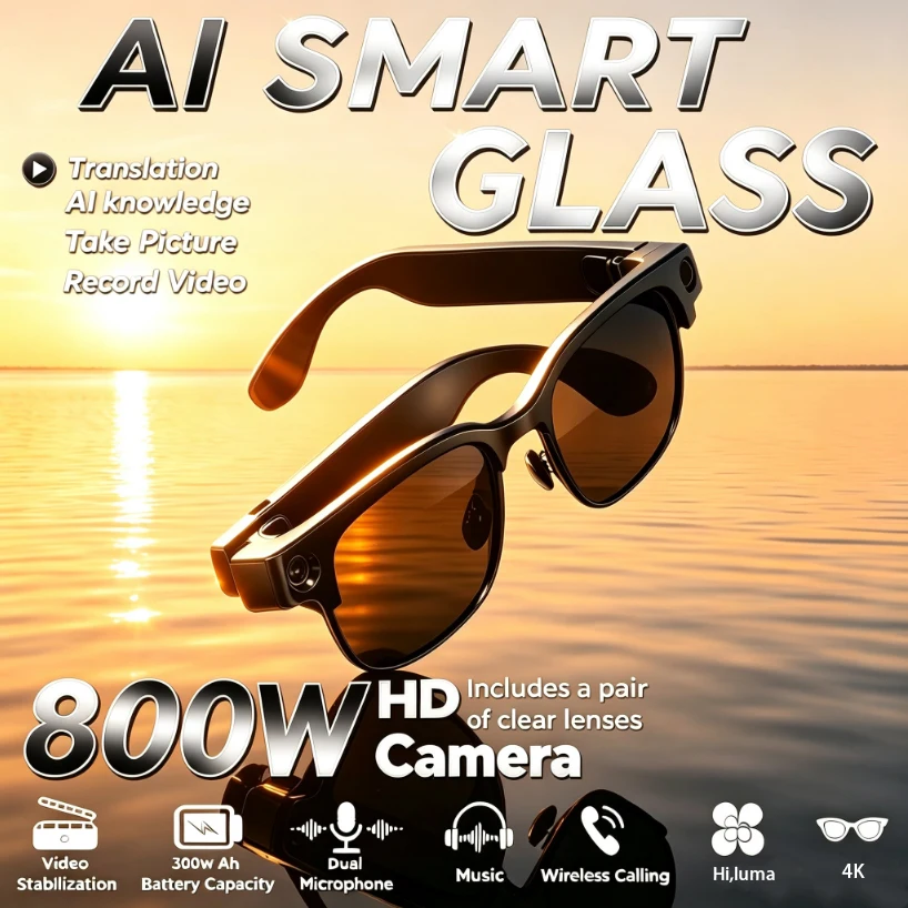 AI Translation Smart Glasses 1080P/30FPS HD Recording 8MP HD Camera AI Voice Assistant Dual-Mic Noise Cancellation Smart Glasses