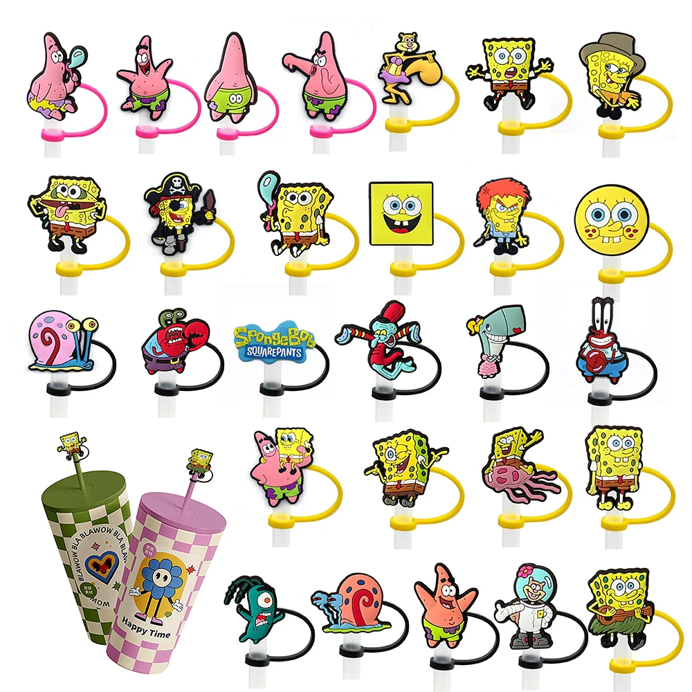 1-32 Stück SpongeBob Strohhalm-Abdeckkappe für Wiederverwendbare Trinkhalm-Staubschutzkappe Glasbecher-Zubehör, Strohhalm-Aufsätze 10mm Silikon-Strohhalm-Abdeckung