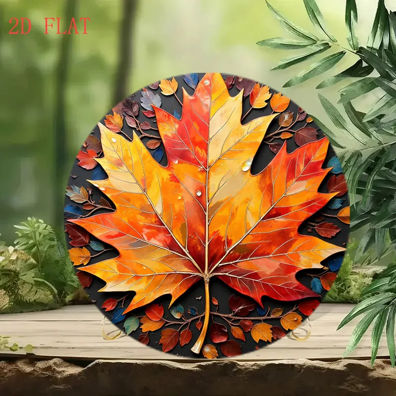 [2D Flat] 20,32 cm rundes Aluminium-Wandschild – Herbst-Ahornblatt-Kunst, lebendige rote, orange-gelbe Blätter auf schwarzem Hintergrund, Ru