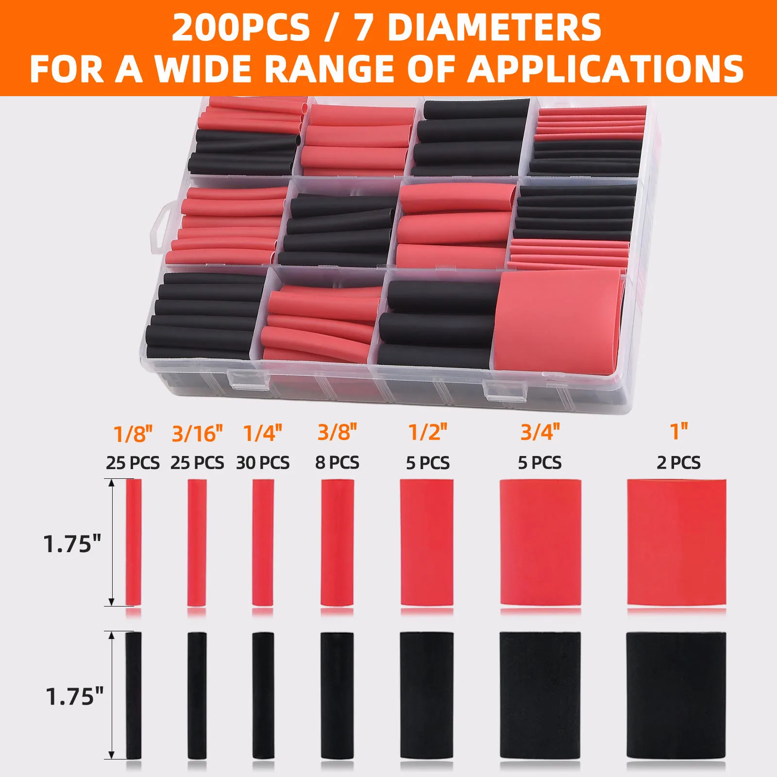 Wire Heat Shrink Tubing Kit - 3:1 Ratio Adhesive Lined, 200pcs 7 Size Black Red Waterproof Electrical Heat Shrink Wrap Tubes