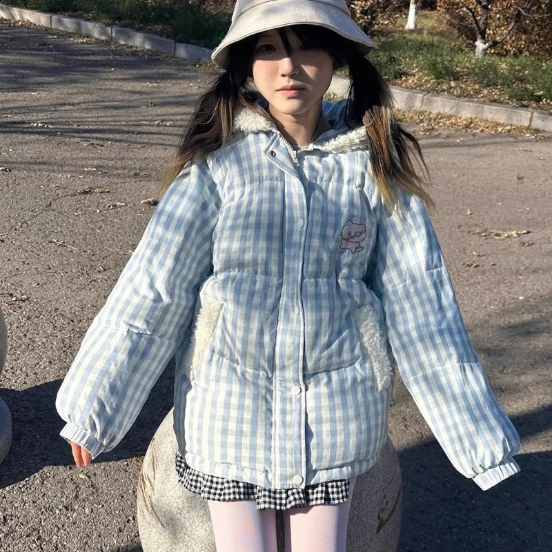 Japanese Kawaii Preppy Style Winter Embroidery Warm Women Parka Cute Embroidery Hooded Tops Plush Velvet Lined Down Padded Coat