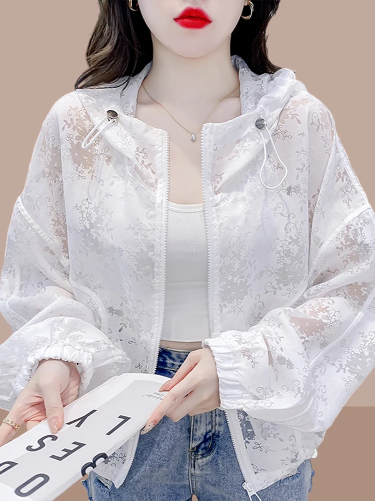 

Women's Summer 2024 Loose Casual Lightweight Long Sve Hooded Sun Protection Jaet Thin Hollow out Design Faionable Top