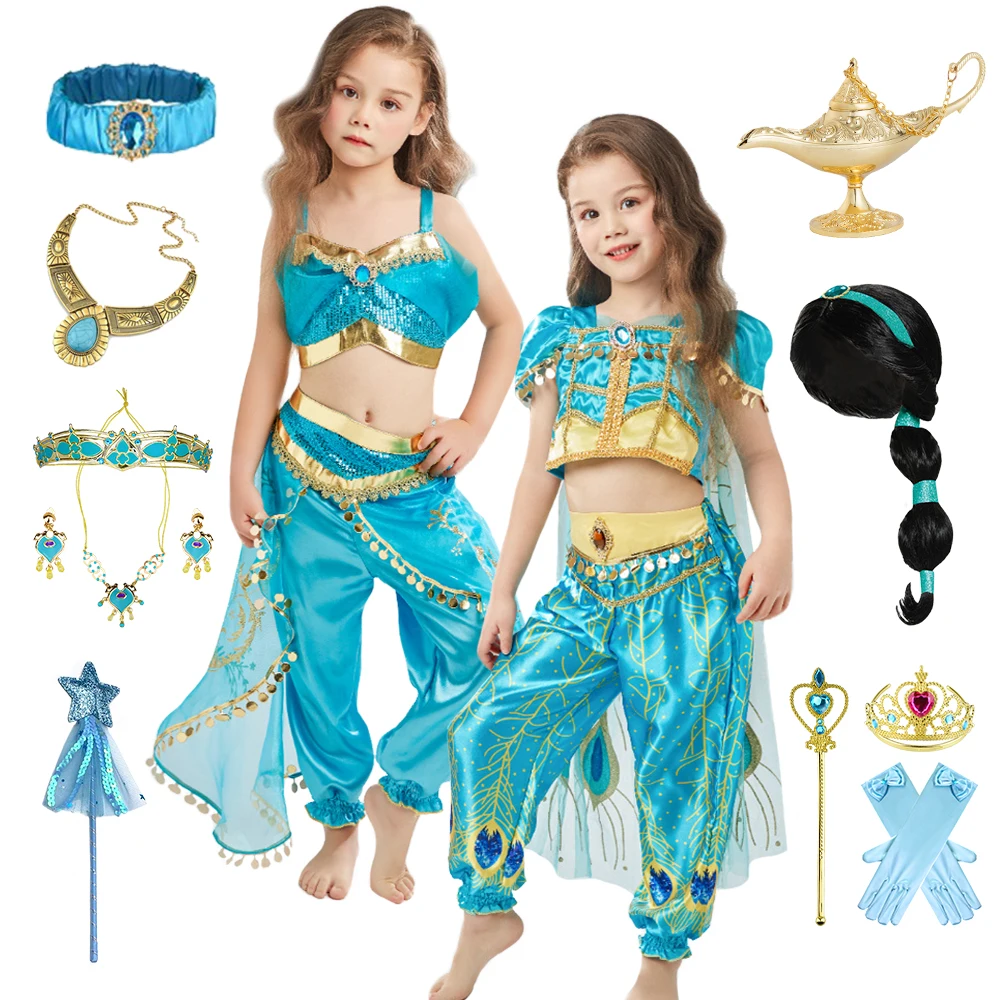 Aladdin Prinses Jasmijn Cosplay Kostuum Arabische Dansvoorstelling Jurken Magische Lamp Meisje Carnaval Jurk Up Islamitische Kleding Set