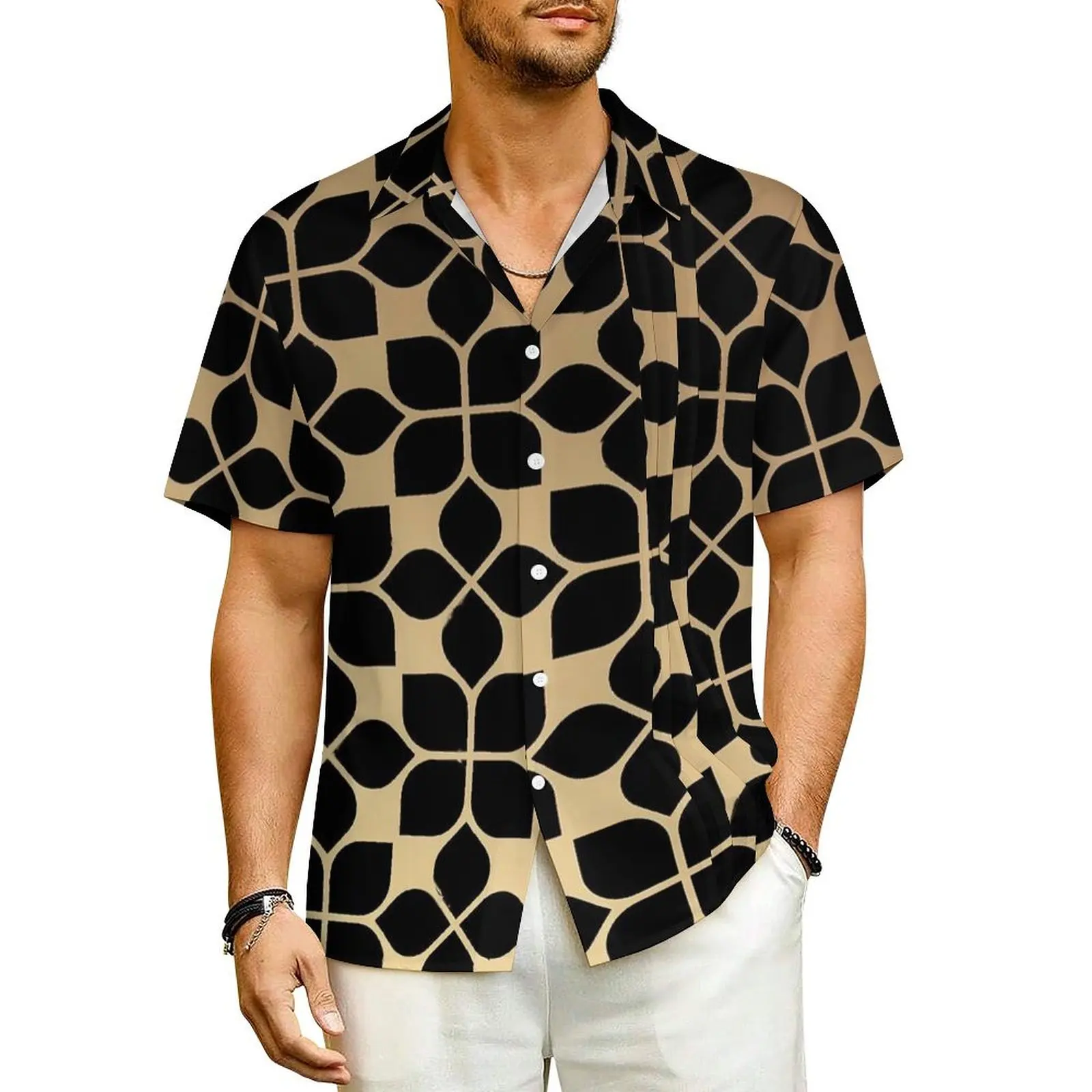 

Gold Vintage Geometric Vacation Shirt Men Flower Abstract Novelty Casual Shirts Hawaiian Short Sleeve Design Oversize Blouses