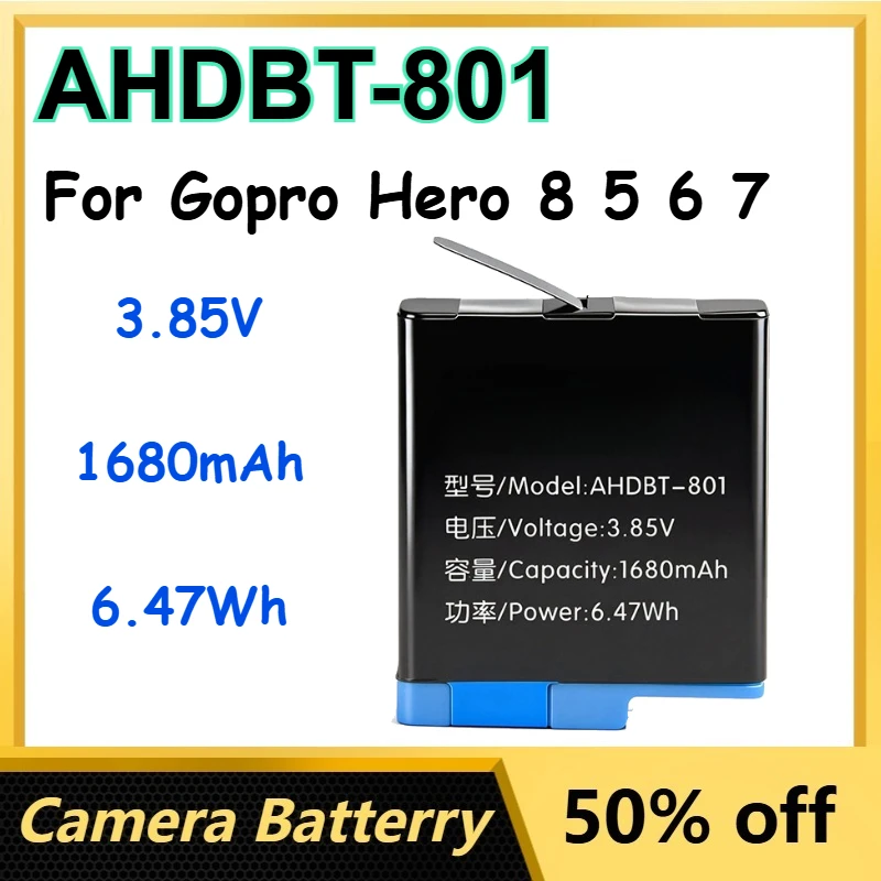 

3.85V 1680mAh/6.47Wh AHDBT-801 High Quality Li-Ion Battery Pack for Gopro Hero 8 5 6 7 Black Fully Decoded Camera Batteries