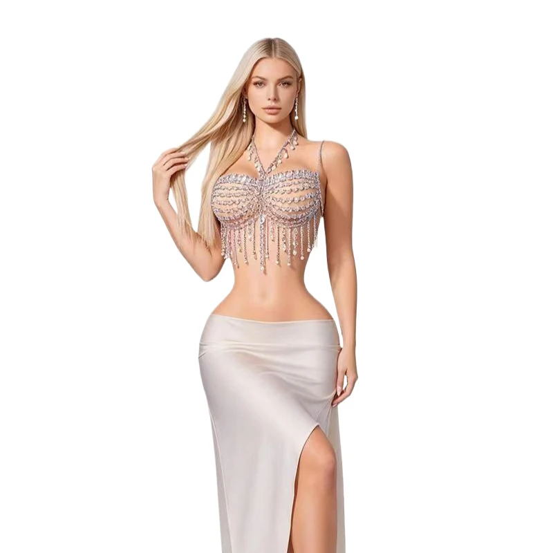 Damen Strass Perlen Quasten Körperkette Neckholder Crop Top Sexy Kristall Harness Cami Top Halloween Festival Club Party Y2K Outfit – Detail 2