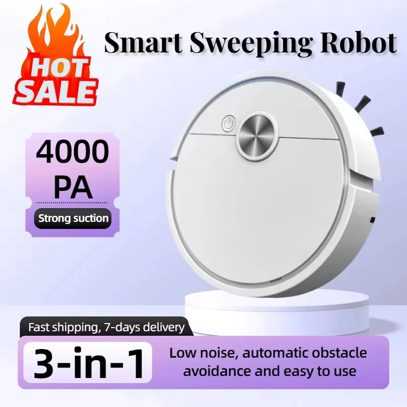 4000 Pa 3 in 1 Smart Sweeping Robot Vacuum Cleaner Strong Suction Easy to Use Suitable for Hard Floors Pet Hair Carpets