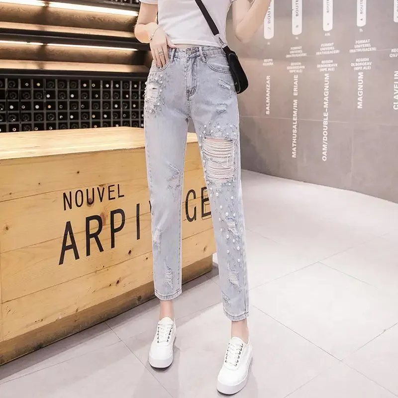 Womens Ripped Jeans High Waist Shot Beading Denim Pants for Women Stretched Size X Larg South Korea Torn Trousers Baggy Office A