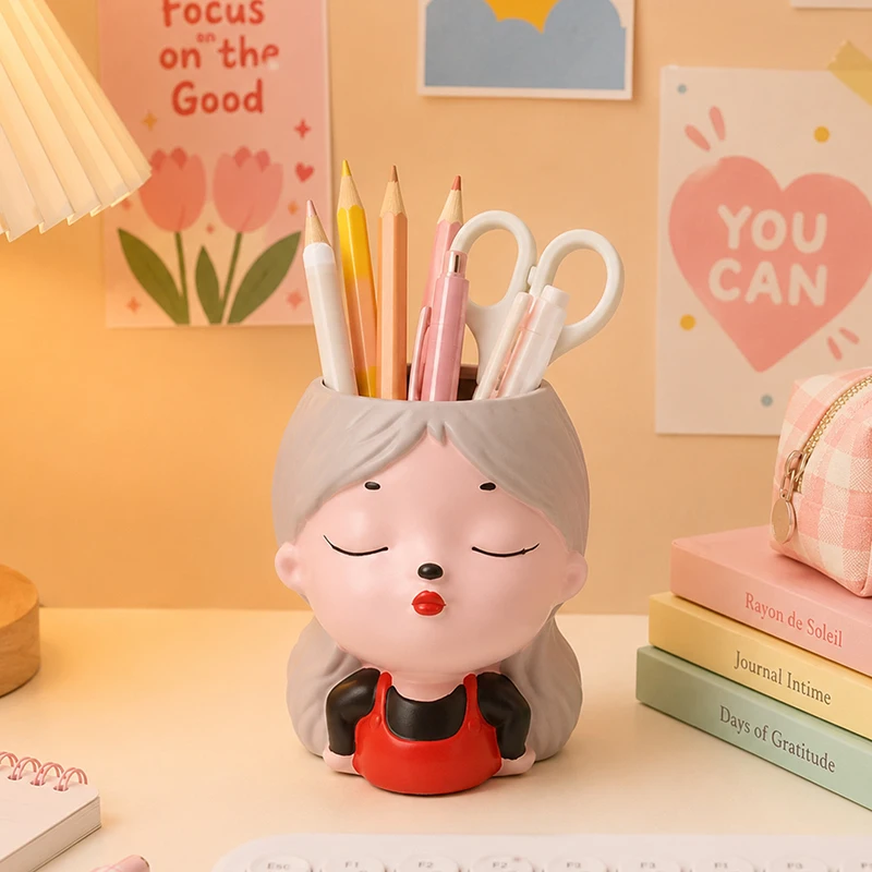 Multi Use Closed Eyes Girl Resin Figurine Pen Holder Small Succulent Planter Pot For Bedroom Study Desk Window Sill Decor Accent