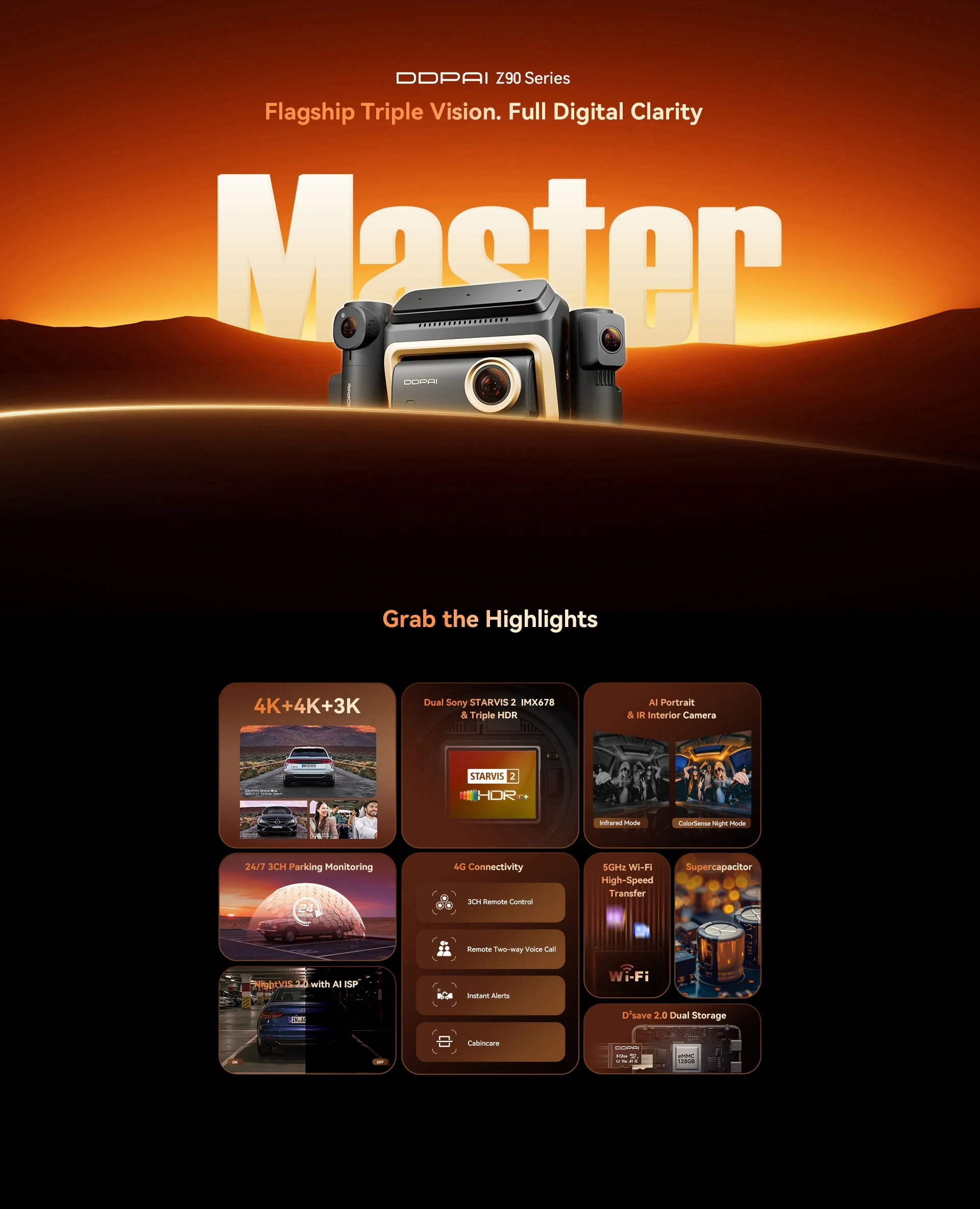 DDPAI Z90 Master/Z90 Pro /Z90 Series Flagship Dual Lens Triple Vision Car Dash Cam Video Recorder ADAS WDR Loop Recording Touch