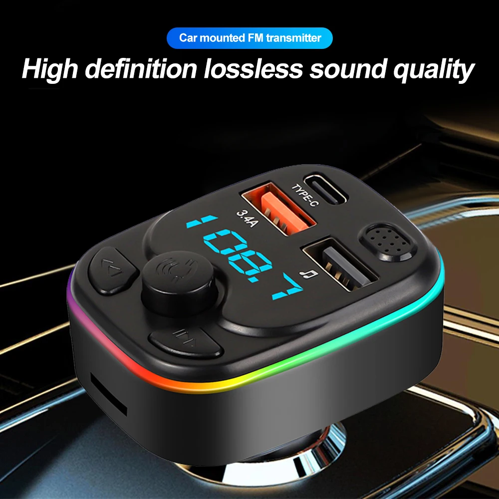 Car Bluetooth 5.0 FM Transmitter Type-C Dual USB 3.4A Fast Charger LED Backlit Atmosphere Light MP3 Player Lossless Music