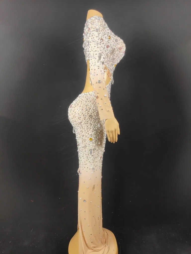 Abito da festa di lusso da donna Manica lunga Manica lunga singola Tagliata Perline di cristallo Perle con borchie Abito da compleanno maxi lungo aderente