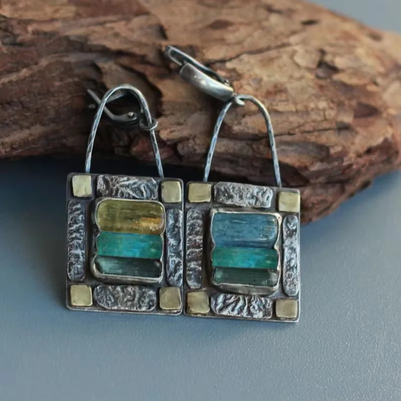 Tribal Inlaid Green Blue Zircon Stone Drop Earrings Vintage Silver Color Metal Two Tone  Bag Lock Shaped Dangle Earrings