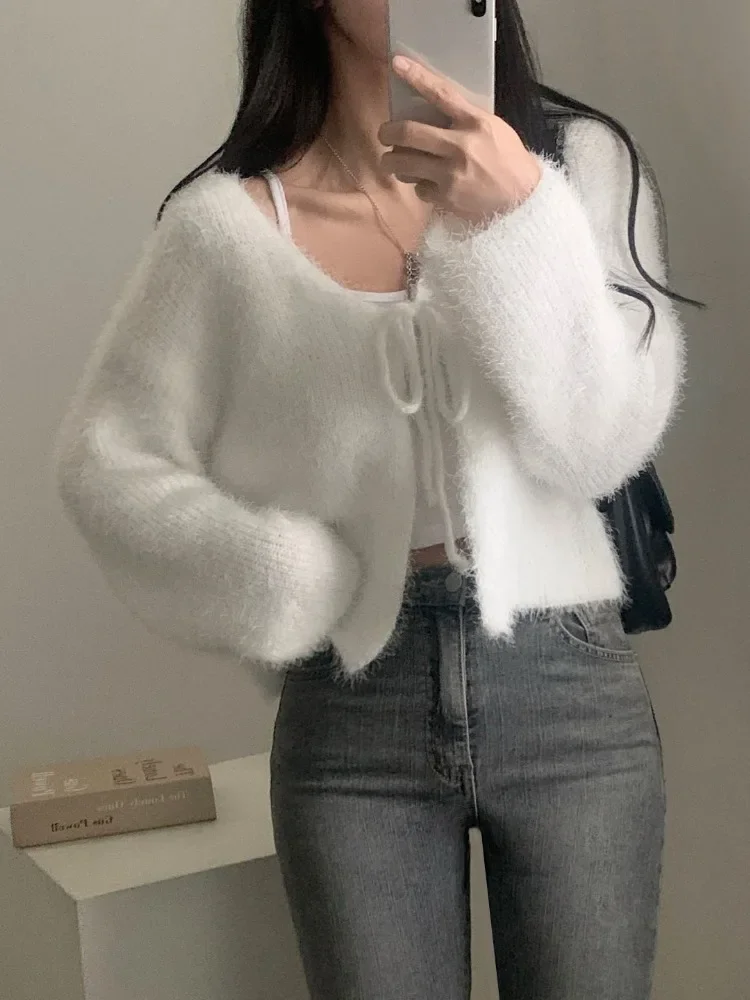 Y2K Knitted Fur Sweater Cardigan Women Long Sleeve Bandage V-neck Sueter Mujer Autumn Vintage Sweet All Match Cropped Sweater