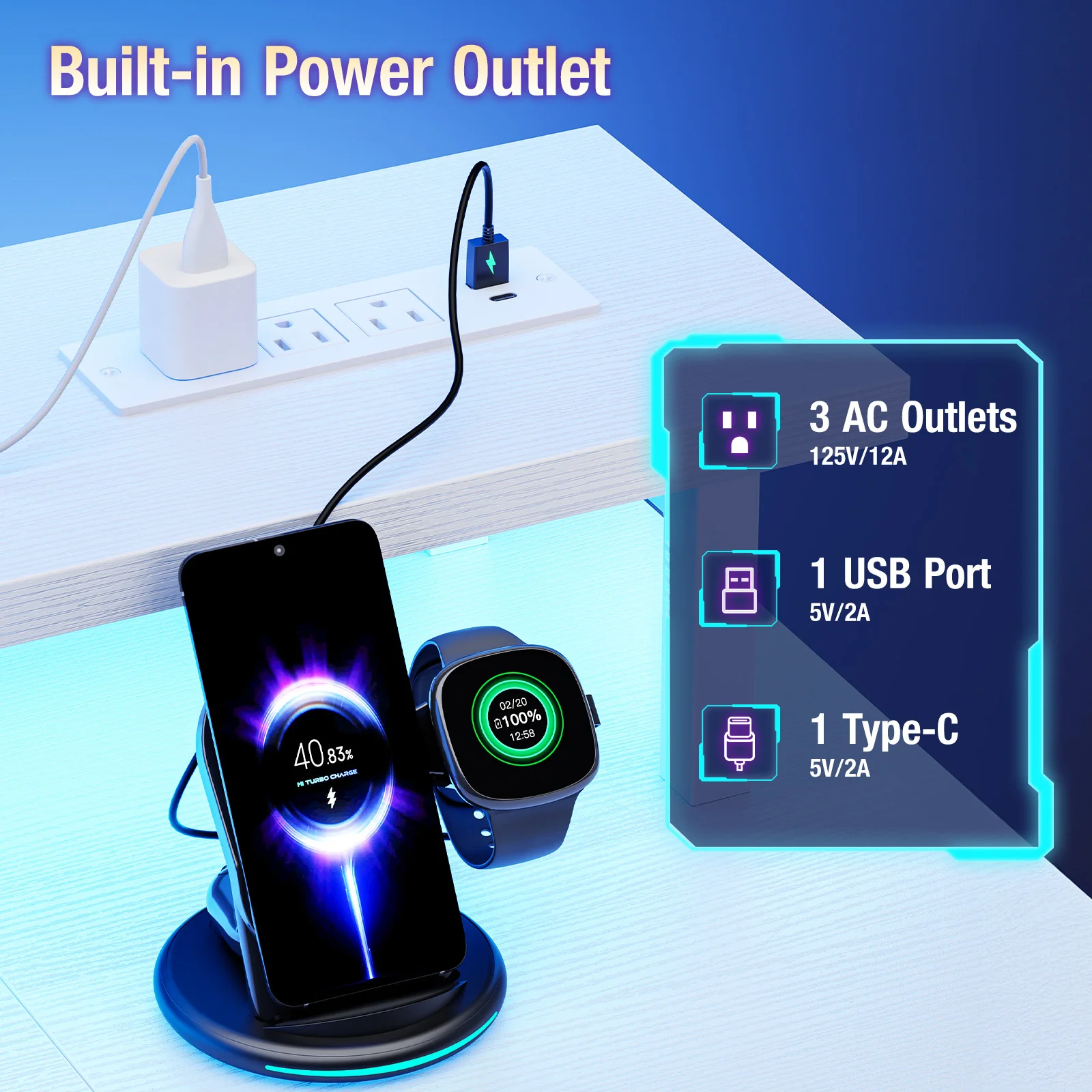 Mesa de Computador JHK de 48 Polegadas com Prateleiras, Gavetas de Armazenamento, Mesa de Escritório de Madeira com Luzes LED e Tomadas de Energia, Mesa para Jogos