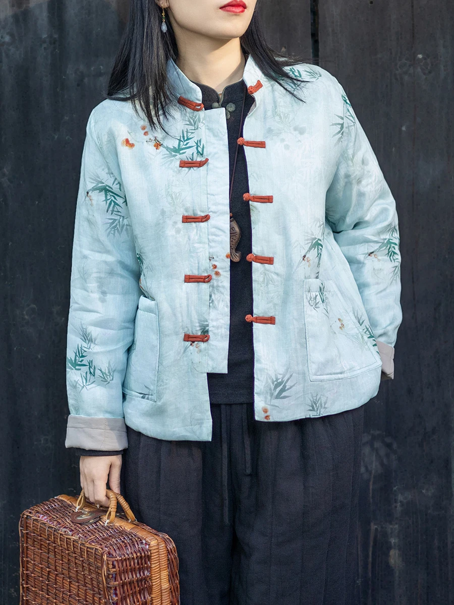 

Женская хлопковая куртка Jiangnan Sle с принтованным воротником, на пуговицах, теплая, стеганая, в стиле дзен, верхняя одежда с длинными рукавами, стандартный крой