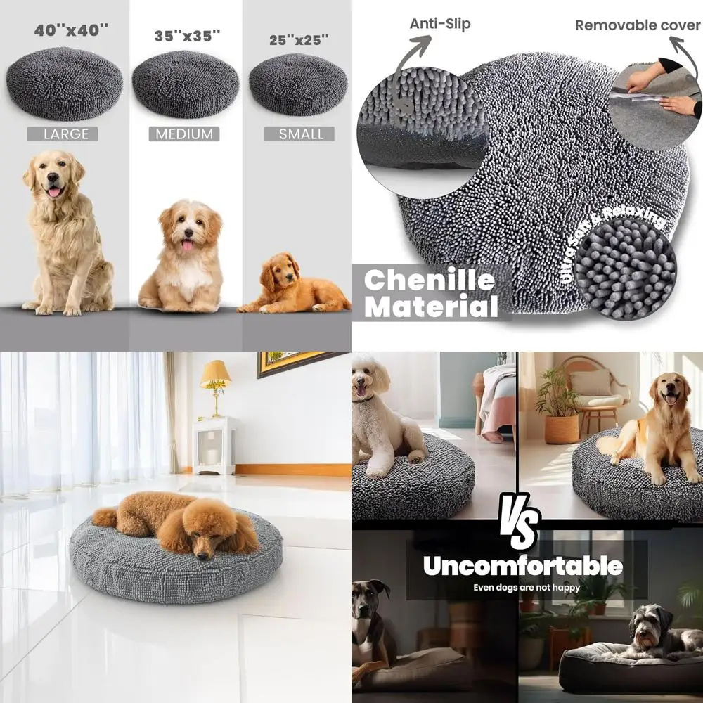Cama redonda cinza de chenille média para cães e gatos, macia e relaxante, capa removível lavável, 35 x 35 polegadas