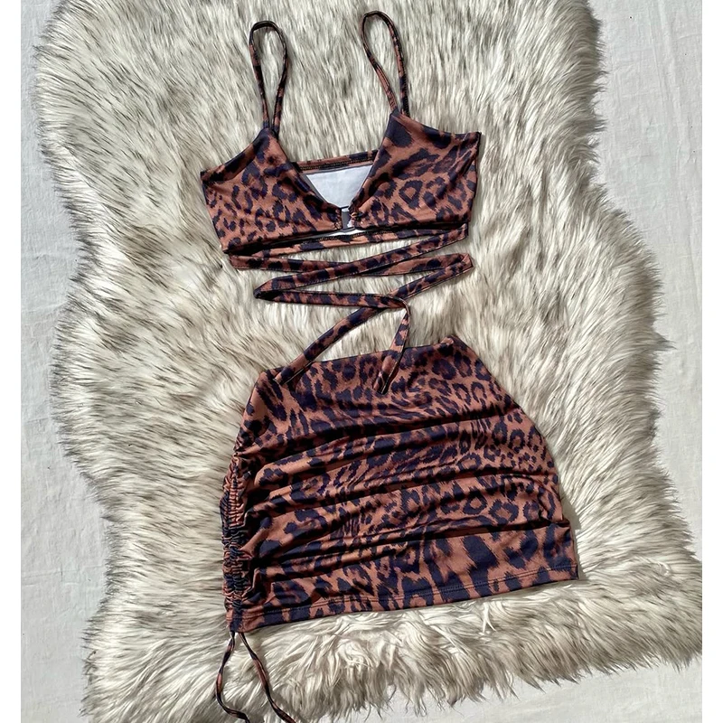 Sexy Dress Female 2-piece Suit Summer Leopard Print Lace-up Suspender Top+hip Skirt Tight Skirt Suit Nightclub Party Costume