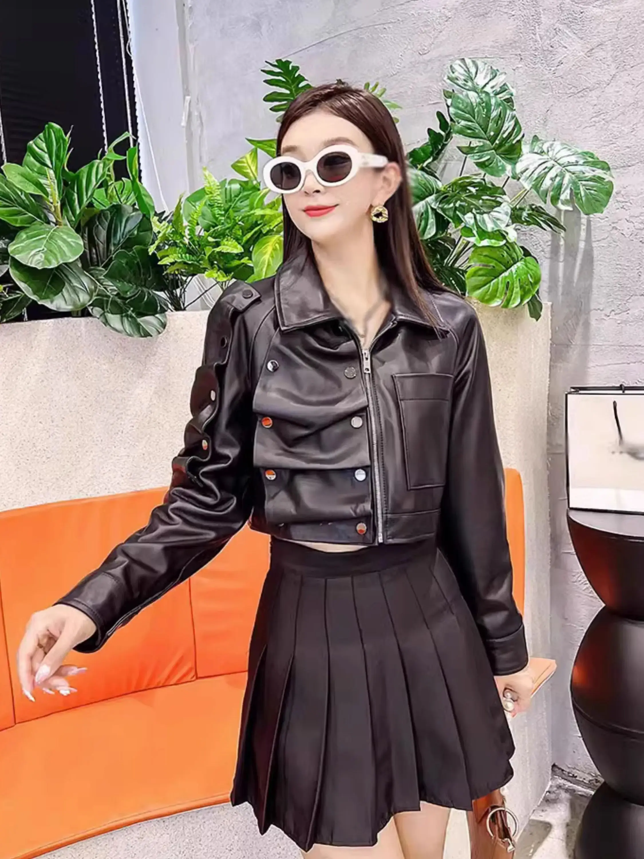 Soft Real Leather Jacekts Natural Sheep Leather outerwear Female Fashion Pleated Beading Real Leather Jackets wy1917