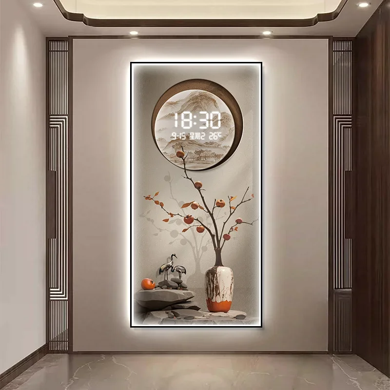 Chinese Style LED Wall Clocks Entrance Decoration Painting Electronic Screen Clock Living Room Mural Light Wall Watch Home Decor
