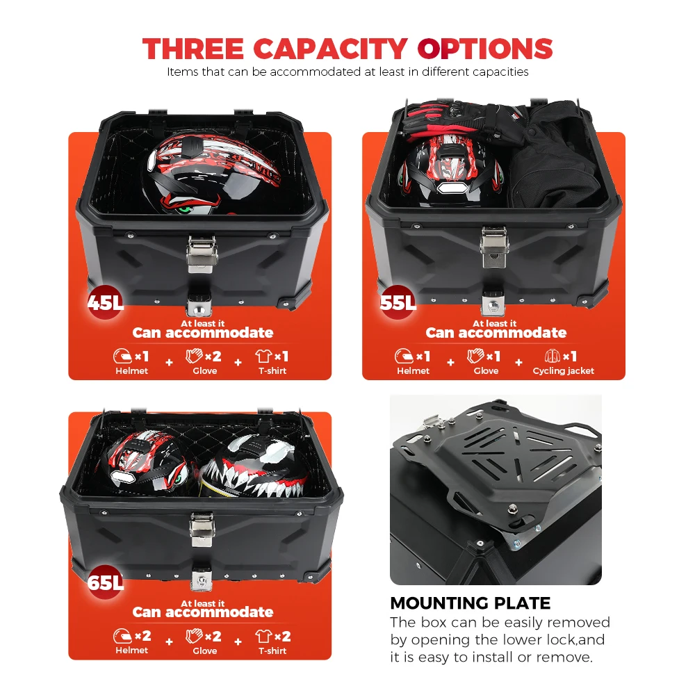 KEMIMOTO 45L/55L/65L دراجة نارية الألومنيوم صندوق خلفي الجذع مع مسند الظهر العالمي العلوي الذيل الخلفي الأمتعة صندوق تخزين الأدوات #4