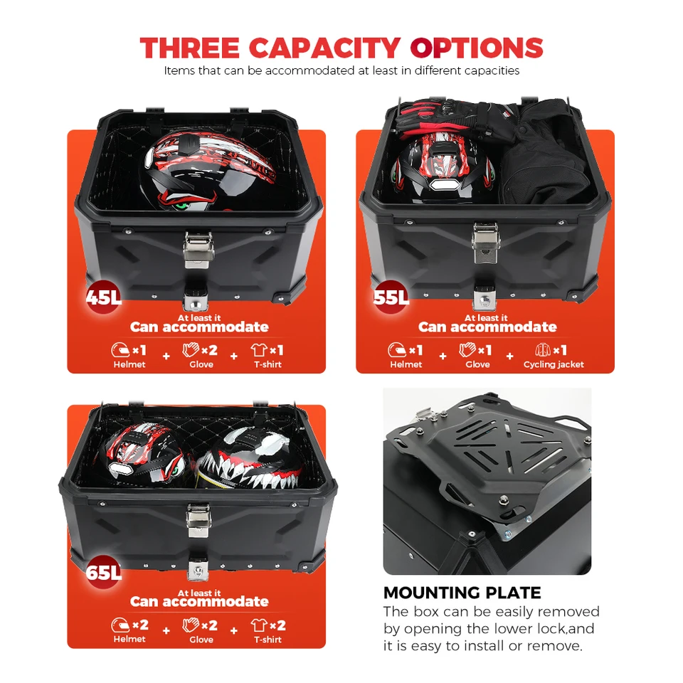 KEMIMOTO 45L/55L/65L Motorcycle Aluminum Case Tail Box Trunk with