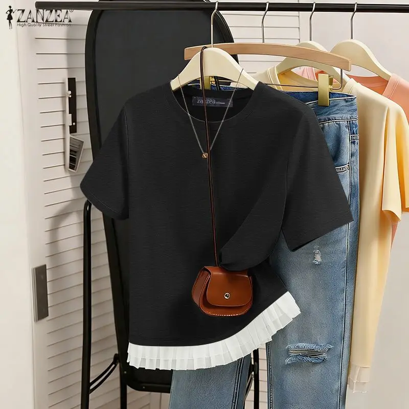 

Летняя блузка ZANZEA 2026: Стильный женский топ с пэчворком для отпуска, повседневная рубашка с коротким рукавом и круглым вырезом, однотонная плиссированная блузка для работы