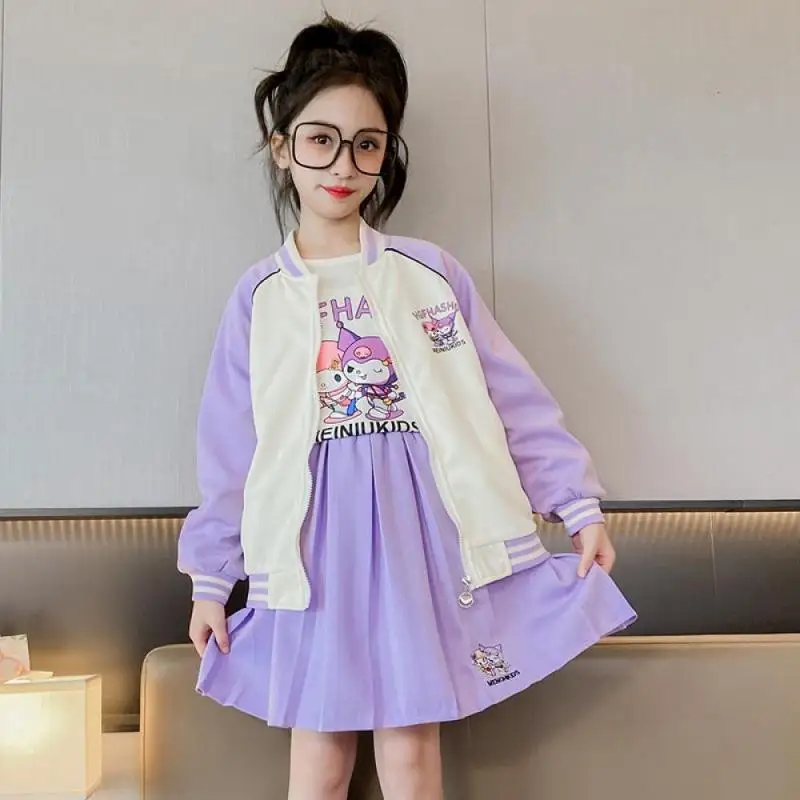 Anime Sanrioed Kuromi Girls Fashion Coat T-Shirt Pleated Skirt Set Kids Casual Baseball Jacket Uniform Suit New Kids Clothes