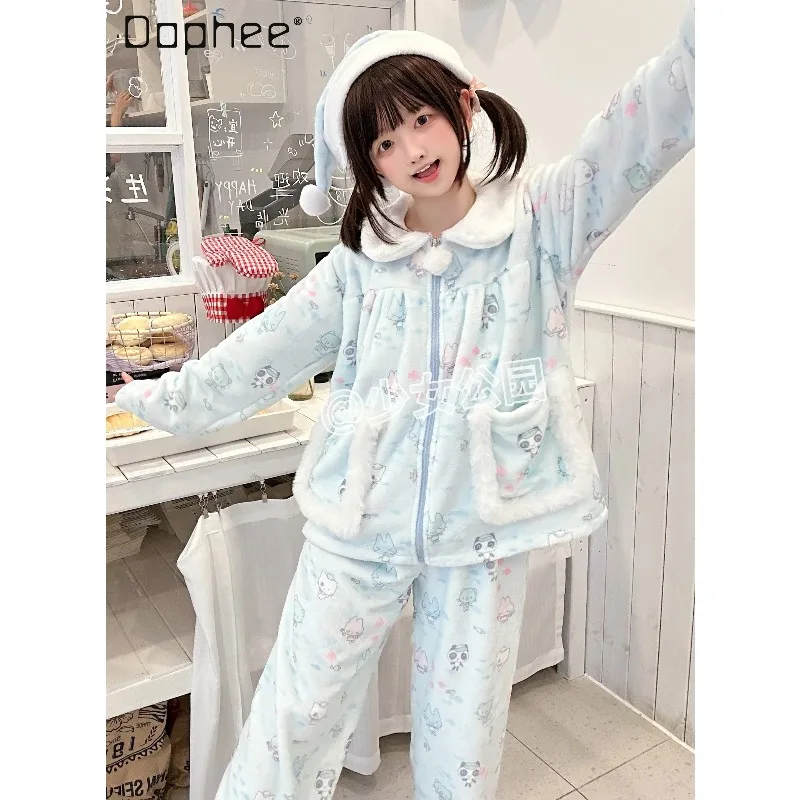 Original Japanese Sweet Cute Cartoon Print Pajama Set Winter Plush Doll Collar Zipper Top Pants Two-piece Set Women's Loungewear