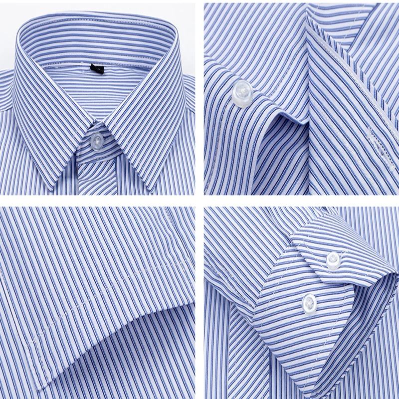 Men\'s formal shirt long-sleeved office solid color striped with pockets anti-wrinkle no-iron fashion business white shirt