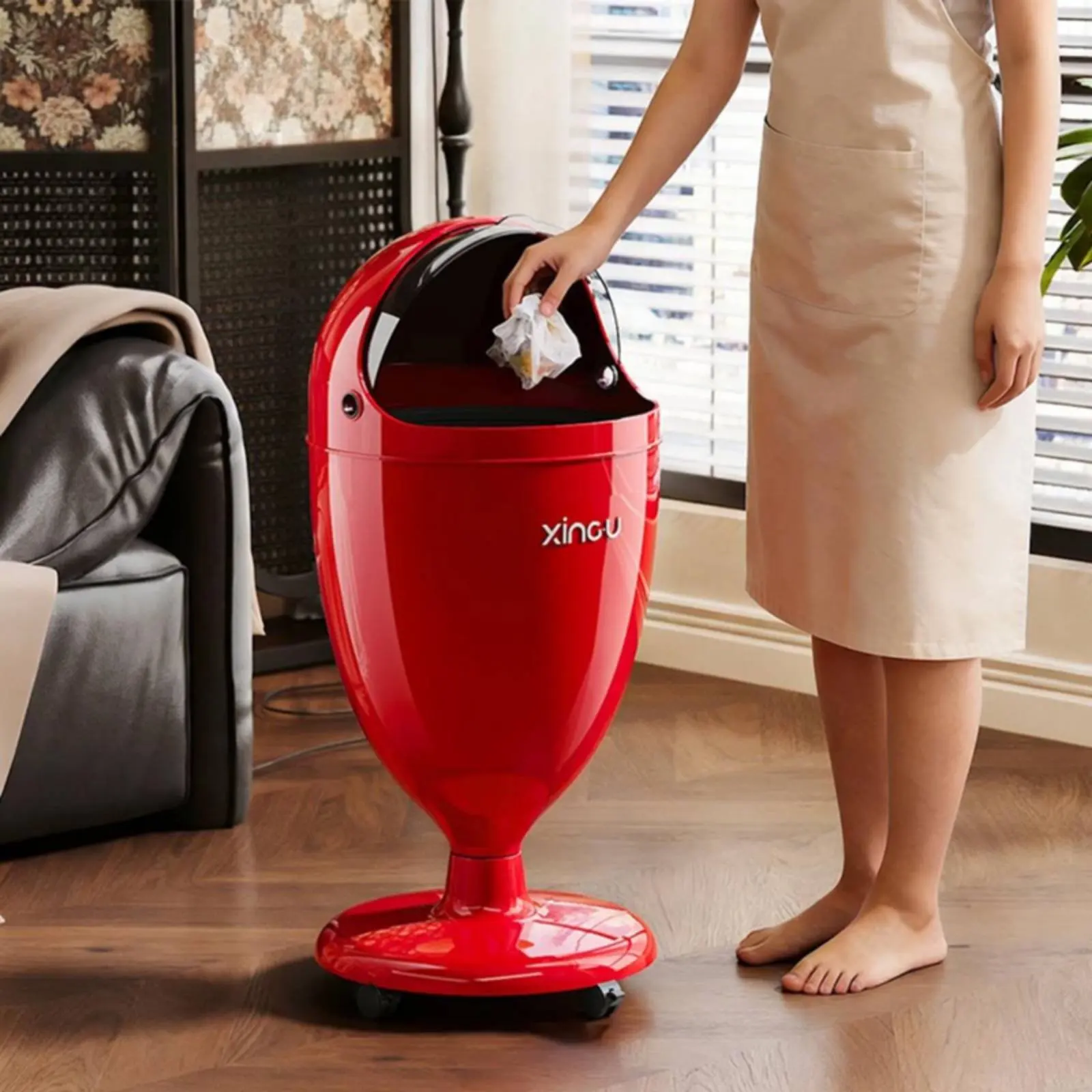 

Высокое мусорное ведро без изгибов, долговечное, в форме чаши, на пьедестале, с противоскользящим основанием, с откидной крышкой, бесшумное