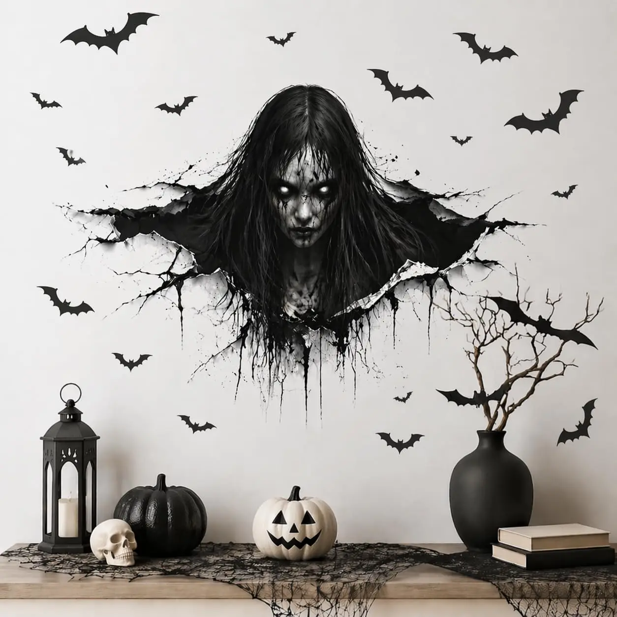 Halloween Ghost Wall Stickers Scary Woman Breaking Through Wall Decals for Home Party Haunted House Indoor 4PCS, Customized