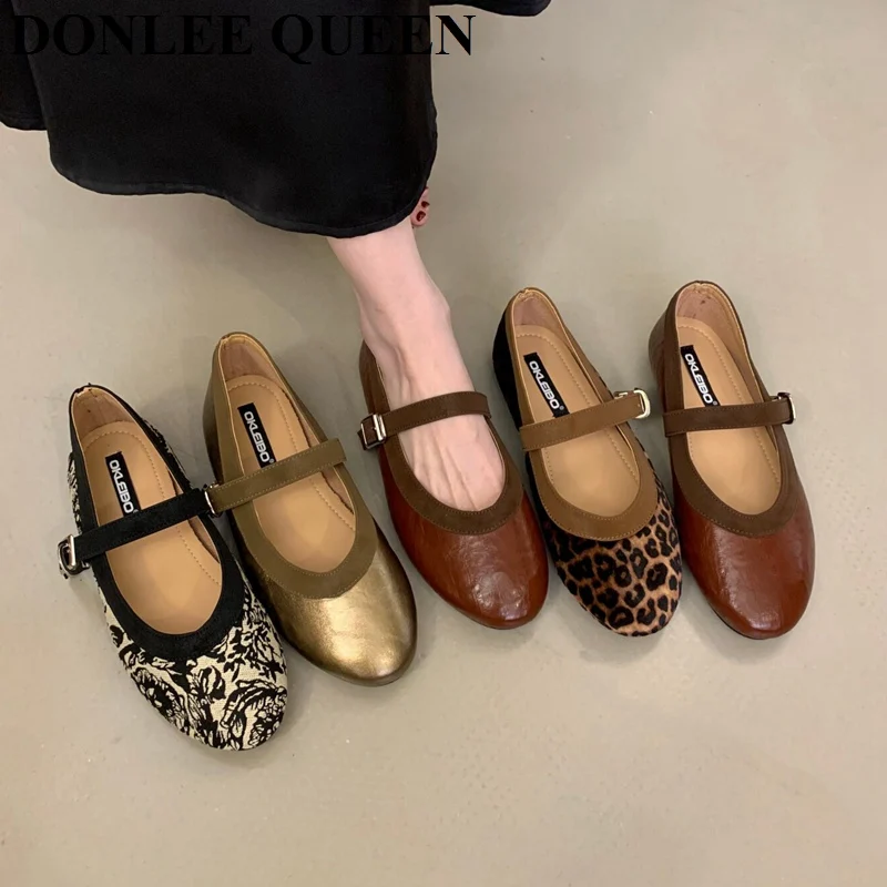 Vintage Women Marry Jane Flats Round Toe One-strap Buckle Ballet Shoes Leopard Floral Metallic Soft Sole Casual Flat Shoe Mujer