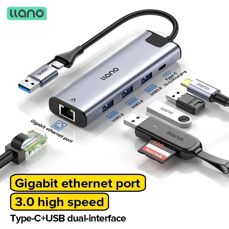 Llano USB 3.0 도킹 스테이션, 기가비트 이더넷 포트, USB/USB C에서 USB/C타입/이더넷 어댑터, 2 in 1, 5 포트