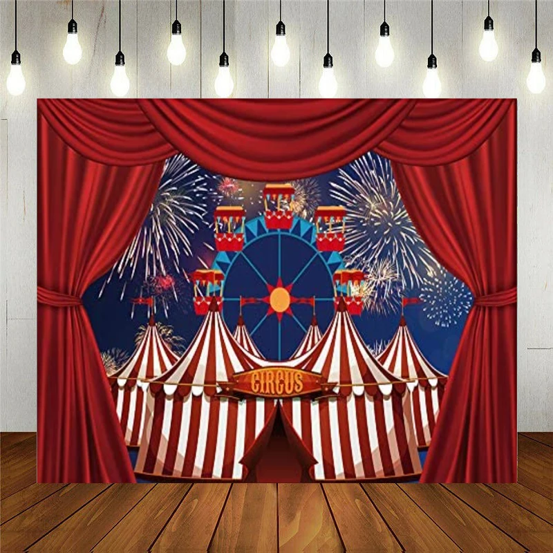 Red Circus Tent Photography Backdrop For Night Sky Fireworks Ferris Wheel Children Birthday Party Decor Background Banner Photo