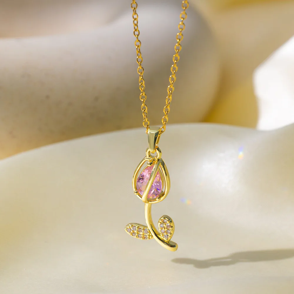 Fashionable Tulip Shaped Zircon Necklace for Women in Titanium Steel Material