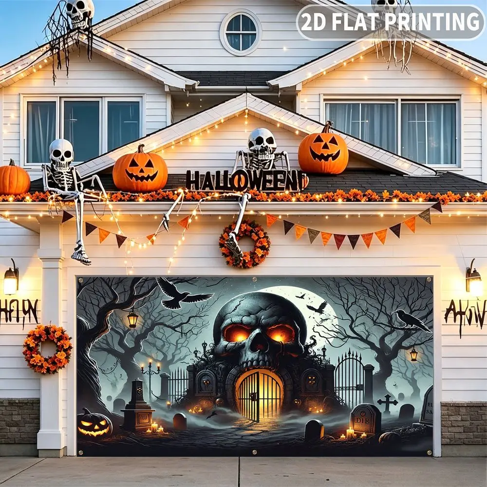 1pc 2D FLAT Halloween Party Garage Banner, Glowing Skull Gate Haunted Cemetery Pattern, No Power Need, for Garage Door Decor